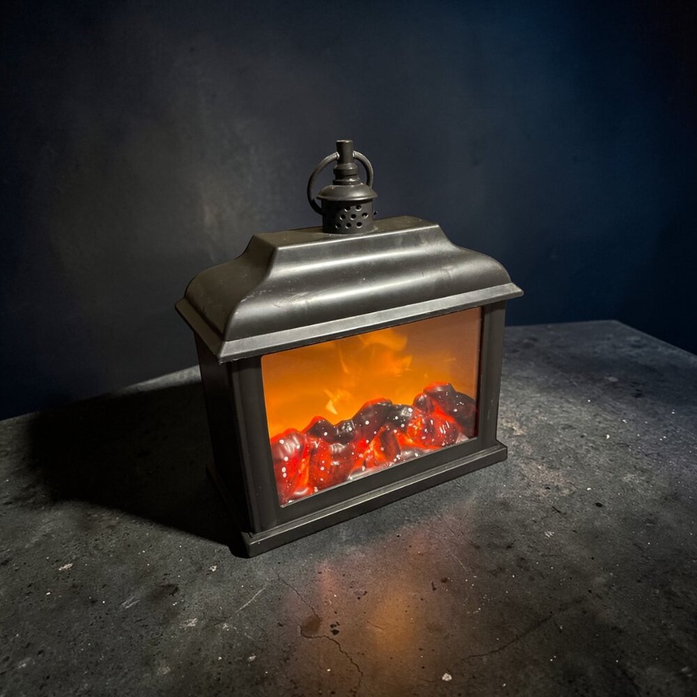 LED Flame Effect Fireplace Lantern Cozy Rustic Farmhouse Tabletop Decor